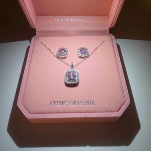 Dane Craft Pink Cubic Zirconia Pendant and Stud Necklace Set. Fine Silver Plated